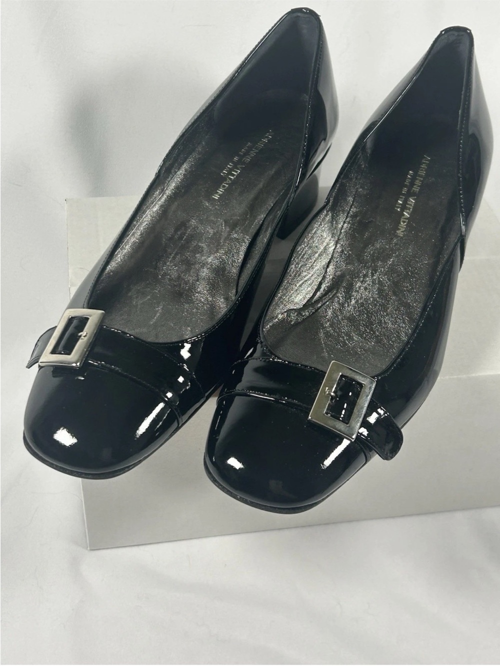 Adrienne Vittadini Black Patent Low Block Heel Pumps with Silver Buckle Accent